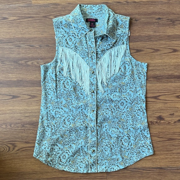 Rock & Roll Cowgirl Blue and White Button Down Shirt - Picture 3 of 5